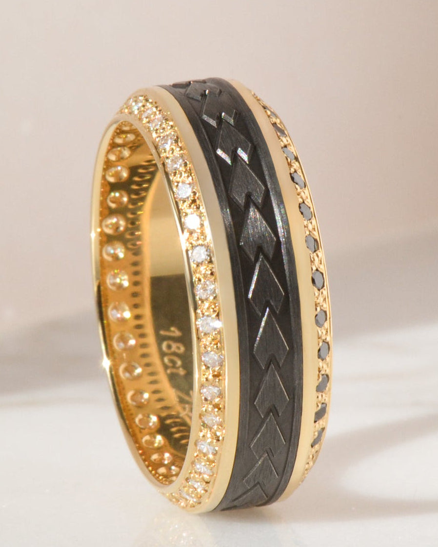 Men's 18ct yellow gold diamond wedding ring, with custom traditional Samoan engraved zirconium inlay.
